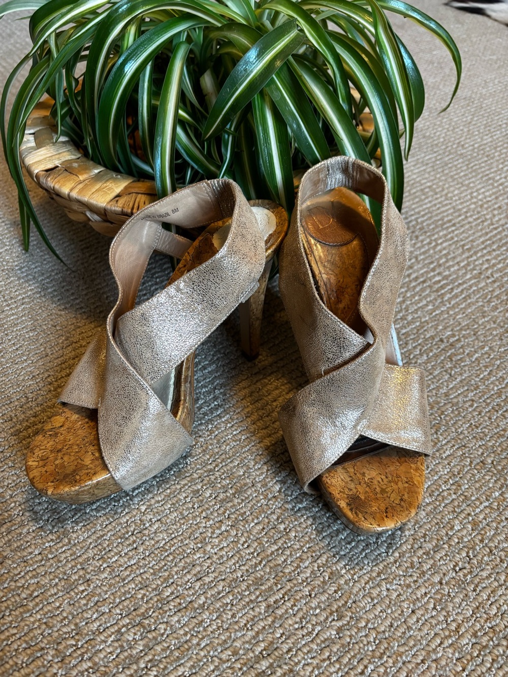 DVF (Diane von Furstenberg) Metallic Cork Wedge Sandals — Size 8 (heel ~3.5")